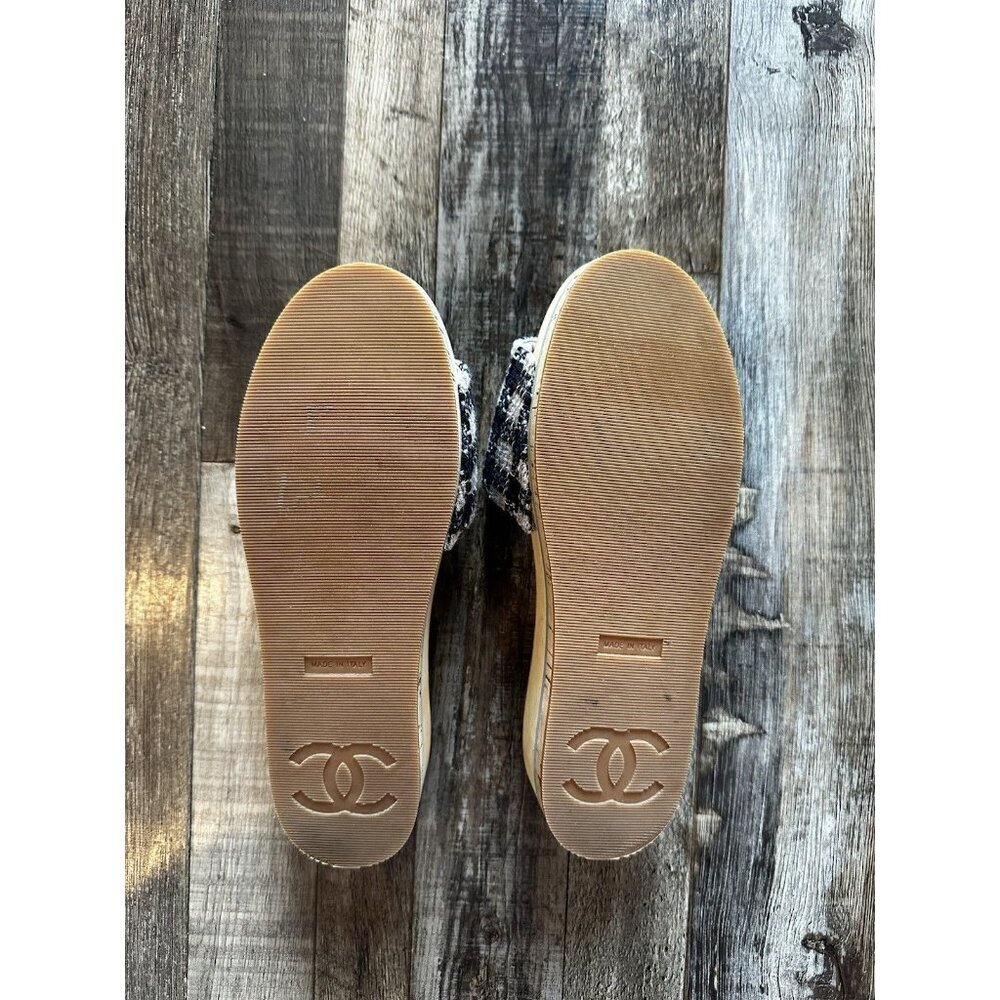 Chanel Tweed Mixed Fibers Cork CC Mule Sandal Navy Blue White Size 38 - Picture 5 of 13
